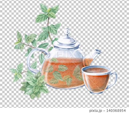 A watercolor illustration featuring a teapot and cup filled with aromatic tea and mint sprigs. Suitable for designing drink menus, herbal tea packaging, postcards, product labels, prints, and blogs. A watercolor illustration featuring a teapot and cup filled with aromatic tea and mint sprigs. Suitable for designing drink menus, herbal tea packaging, postcards, product labels, prints, and blogs. 140368954