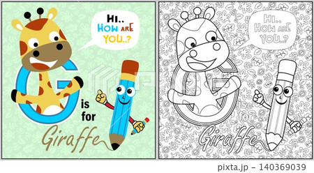 Vector cartoon of giraffe with funny pencil on leaves background pattern, coloring book or page 140369039
