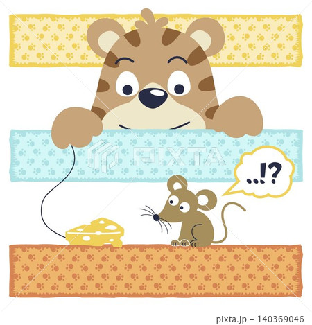 Vector cartoon illustration of little mouse on cats trap Vector cartoon illustration of little mouse on cats trap 140369046