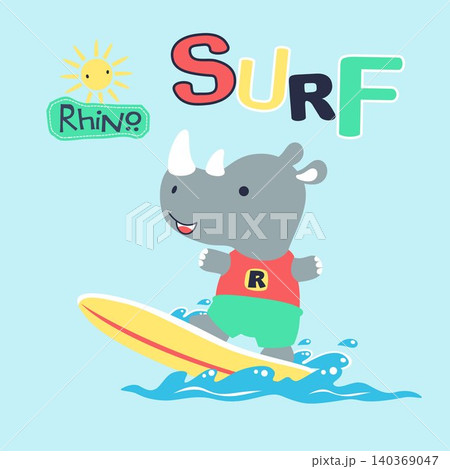 vector cartoon of little rhino in surfing vector cartoon of little rhino in surfing 140369047