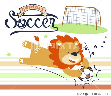 Funny lion playing soccer on colorful stripe background, vector cartoon illustration 140369054