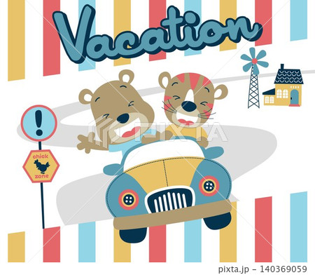 vector cartoon of funny tiger with bear on little car vector cartoon of funny tiger with bear on little car 140369059