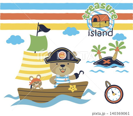 Cute bear with mice on sailboat, pirate sailing elements, vector cartoon illustration 140369061