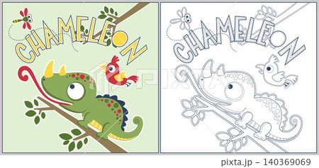 Cute chameleon on tree branch hunt dragonfly with a bird, vector cartoon, coloring page or book 140369069