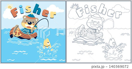 Cute bear fishing on boat, vector cartoon illustration, coloring page or book Cute bear fishing on boat, vector cartoon illustration, coloring page or book 140369072