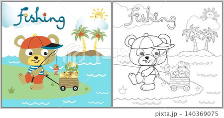 Little bear with frog back from fishing, vector cartoon illustration, coloring page or book Little bear with frog back from fishing, vector cartoon illustration, coloring page or book 140369075