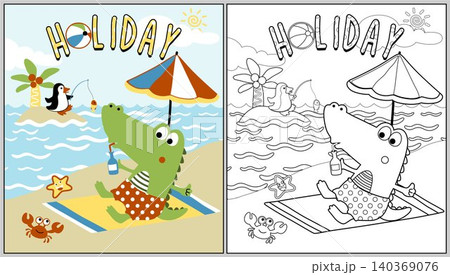 Vector cartoon of cute crocodile with penguin holiday in beach, coloring page or book Vector cartoon of cute crocodile with penguin holiday in beach, coloring page or book 140369076