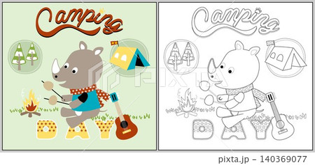 Vector cartoon illustration of cute rhino in camping, coloring page or book Vector cartoon illustration of cute rhino in camping, coloring page or book 140369077