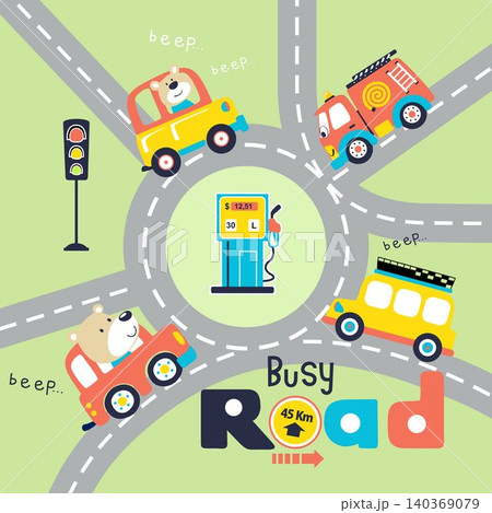 vector cartoon of funny bear on car, colorful vehicles in ring road with traffic element vector cartoon of funny bear on car, colorful vehicles in ring road with traffic element 140369079