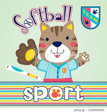 vector cartoon of funny cat in baseball player costume with baseball element vector cartoon of funny cat in baseball player costume with baseball element 140369080
