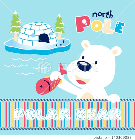 vector cartoon of cute polar bear holding fish with igloo and trees vector cartoon of cute polar bear holding fish with igloo and trees 140369082