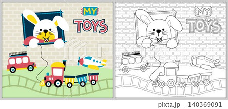 Funny rabbit cartoon with it toys, coloring book or page Funny rabbit cartoon with it toys, coloring book or page 140369091