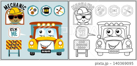 funny car with cute bear cartoon, auto repair shop element, coloring book or page funny car with cute bear cartoon, auto repair shop element, coloring book or page 140369095