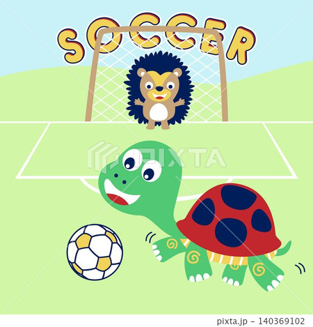 Vector cartoon of turtle with hedgehog playing soccer Vector cartoon of turtle with hedgehog playing soccer 140369102