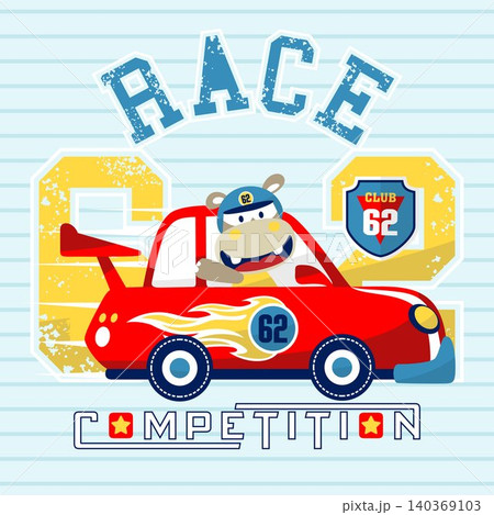 Cute hippo on racing car, vector cartoon illustration Cute hippo on racing car, vector cartoon illustration 140369103