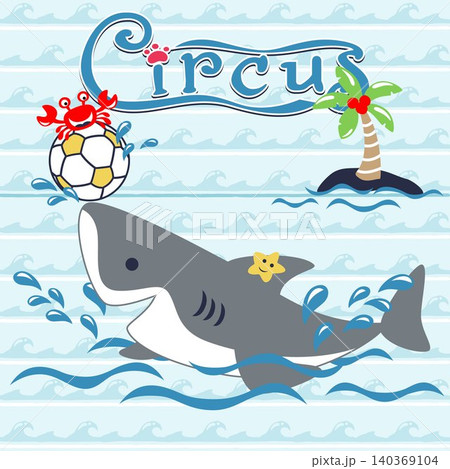 Vector cartoon of funny shark with crab and starfish playing soccer on wave background pattern Vector cartoon of funny shark with crab and starfish playing soccer on wave background pattern 140369104
