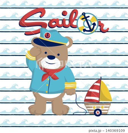 Vector cartoon illustration of cute bear in sailor costume with sailboat toy on wave background pattern 140369109
