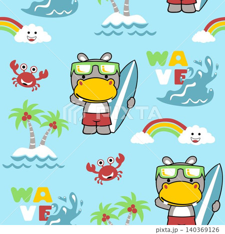 seamless pattern vector of cartoon cute hippo with crab, beach holiday elements seamless pattern vector of cartoon cute hippo with crab, beach holiday elements 140369126