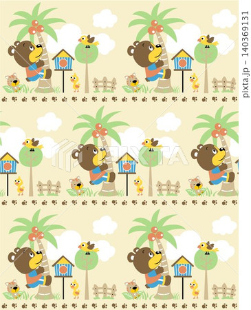 seamless pattern of bear cartoon climbing palm tree in garden with its friends seamless pattern of bear cartoon climbing palm tree in garden with its friends 140369131