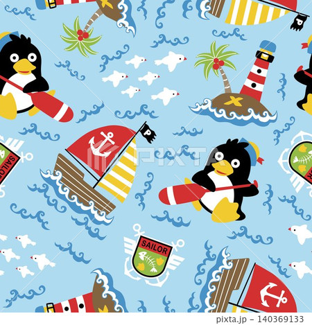 seamless pattern vector of cute penguin sailor with sailing elements illustration seamless pattern vector of cute penguin sailor with sailing elements illustration 140369133