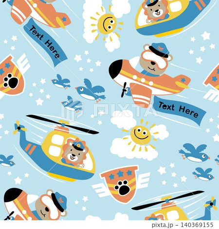 seamless pattern vector of cartoon funny animals on aircraft with birds and sky objects seamless pattern vector of cartoon funny animals on aircraft with birds and sky objects 140369155