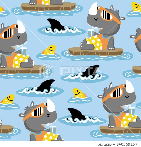 seamless pattern vector of funny rhino cartoon relaxing with fishes 140369157