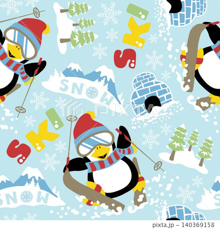 seamless pattern vector of cartoon funny penguin skiing, winter elements seamless pattern vector of cartoon funny penguin skiing, winter elements 140369158