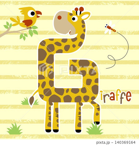 Funny giraffe cartoon shaped letter G with bird and dragonfly on striped background 140369164
