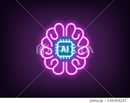 Outline neon AI brain, magenta blue. Neon human brain with integrated AI chip, artificial intelligence algorithms. Artificial mind, machine learning, data analysis system, digital education. Vector Outline neon AI brain, magenta blue. Neon human brain with integrated AI chip, artificial intelligence algorithms. Artificial mind, machine learning, data analysis system, digital education. Vector 140369247