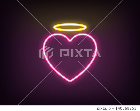 Outline neon holy love, pink yellow. Neon angel heart with golden halo, sacred love nimbus. Saint heart, angel love, paradise amour and passion, romantic heart, compassion soul. Vector Outline neon holy love, pink yellow. Neon angel heart with golden halo, sacred love nimbus. Saint heart, angel love, paradise amour and passion, romantic heart, compassion soul. Vector 140369253
