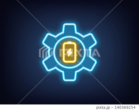 Outline neon battery settings, blue yellow. Neon battery power consumption optimization, smart customization for device energy consumption. Electric energy efficiency control. Vector 140369254