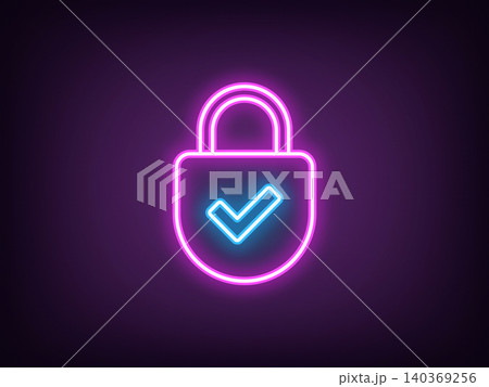 Outline neon cyber security, magenta blue. Neon digital lock with tick icon, reliable data protection. Internet security, lock with checkmark, secure information storage, safety control. Vector Outline neon cyber security, magenta blue. Neon digital lock with tick icon, reliable data protection. Internet security, lock with checkmark, secure information storage, safety control. Vector 140369256