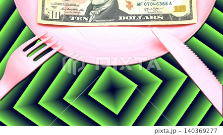 Leave a tip as thank you.Ten dollars bill,plastic dish on green rhombuses 140369277