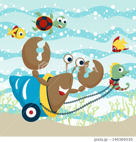 Vector illustration of cartoon marine animals, seahorse pulling hermit crab, undersea elements cartoon 140369330