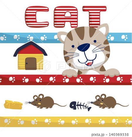 Vector of funny cat cartoon with twin mouse. Colorful striped on white background. Pet elements cartoon Vector of funny cat cartoon with twin mouse. Colorful striped on white background. Pet elements cartoon 140369338