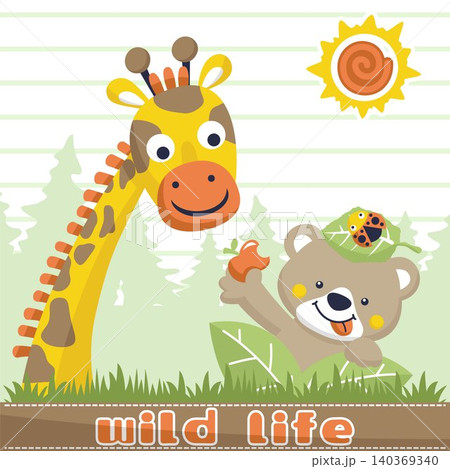 Funny animals cartoon vector, giraffe with bear and ladybug on trees background Funny animals cartoon vector, giraffe with bear and ladybug on trees background 140369340