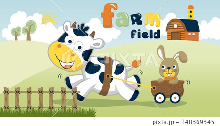 Cartoon vector of farm animals in farm field, farm elements illustration, cow pulling bunny with cart Cartoon vector of farm animals in farm field, farm elements illustration, cow pulling bunny with cart 140369345