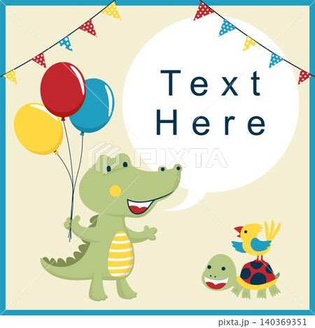 Invitation card template with funny crocodile cartoon holding colorful balloon, bird standing on turtle's back Invitation card template with funny crocodile cartoon holding colorful balloon, bird standing on turtle's back 140369351