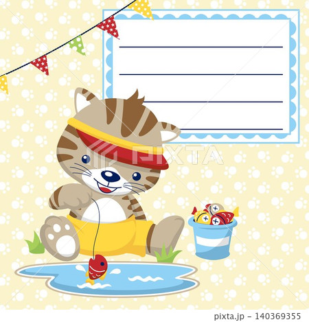 Invitation card template with funny kitten fishing on animals trail background Invitation card template with funny kitten fishing on animals trail background 140369355