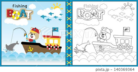 Vector cartoon of cute bear fishing on boat, group of bird fly on blue sky background, coloring book or page 140369364