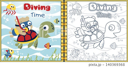 Vector cartoon of funny bear diving with marine animals. Coloring book or page Vector cartoon of funny bear diving with marine animals. Coloring book or page 140369368