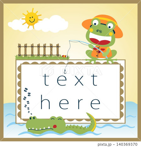 Invitation card templates, funny frog fishing, crocodile in water, vector cartoon illustration 140369370