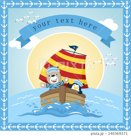 Invitation card templates with anchor frame border, vector cartoon of bear and penguin in sailor costume on sailboat Invitation card templates with anchor frame border, vector cartoon of bear and penguin in sailor costume on sailboat 140369371