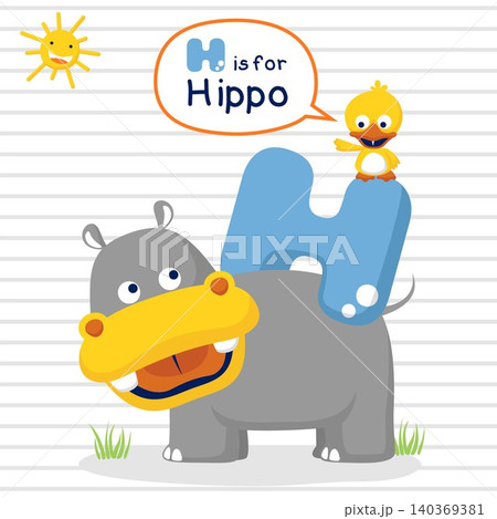 Cartoon vector of cute hippo and little duck on striped background Cartoon vector of cute hippo and little duck on striped background 140369381