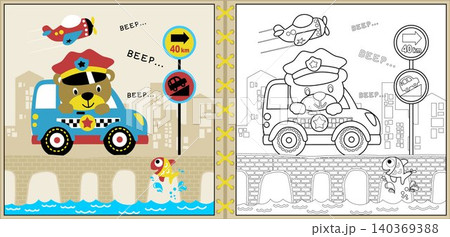 Vector cartoon of cute bear drive police car on bridge with a fish, transport elements, coloring page or book 140369388