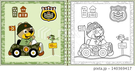 Cute cat cartoon driving military  car on camouflage frame with bird, military elements. Coloring book or page 140369417