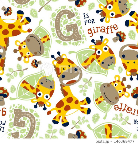 seamless vector pattern with funny giraffes cartoon, mushroom and leaves seamless vector pattern with funny giraffes cartoon, mushroom and leaves 140369477