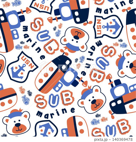seamless vector pattern of submarine cartoon with funny bear sailor, sailor element illustration seamless vector pattern of submarine cartoon with funny bear sailor, sailor element illustration 140369478