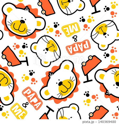 seamless vector pattern of lion family cartoon, animals trail, cart 140369480