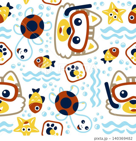 seamless vector pattern of little cat wearing diving goggles, marine life elements cartoon seamless vector pattern of little cat wearing diving goggles, marine life elements cartoon 140369482
